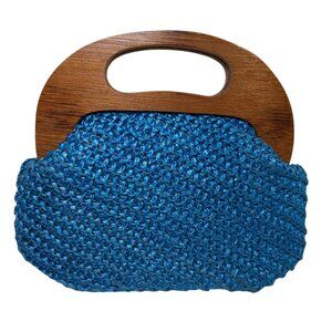 Vintage 60s Handmade Wooden Handle Blue Raffia Straw Handbag Purse